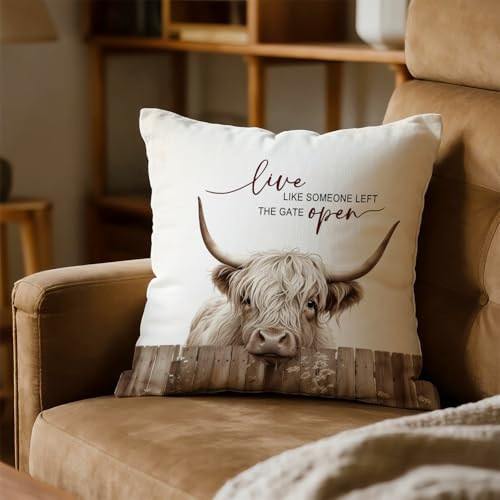 Farmhouse Animal Highland Cattle Throw Pillow Cover 18x18