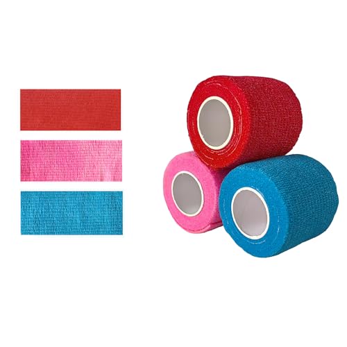 3 Pack 2 Inches Self Adhesive Bandage Wrap Vet Wrap for Pets, Stretch Self Adherent Tape Cohesive Wrap for Athletic, Sports, Wrist and Ankle(Multi Colors)