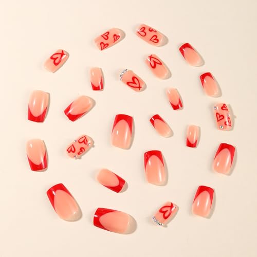 Press On Nails Medium Square Glossy Acrylic False Nails with Heart Designs
