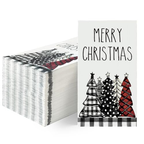 Christmas Paper Napkins 50 Pack - Buffalo Plaid Xmas Tree Design, 4.3 x 7.9 Inches, White