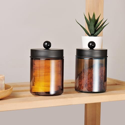 Amolliar Amber Glass Apothecary Jars, 8oz Bathroom Vanity Organizer - 2 Pack Black