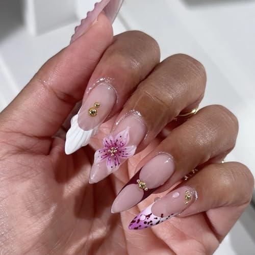 Medium Almond Press on Nails 3D Floral French Acrylic Fake Nails Kit