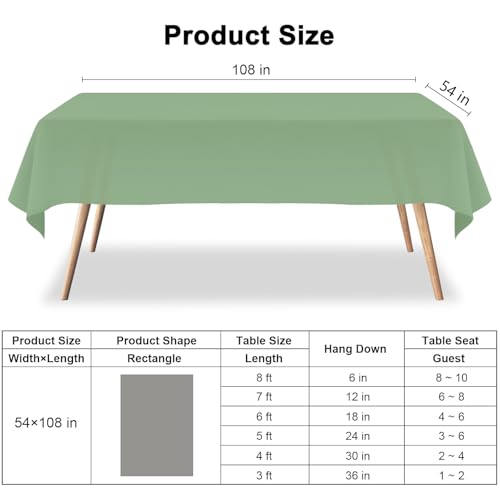 Sage Green Disposable Tablecloths 2-Pack | 54 x 108 Inch Rectangular Covers