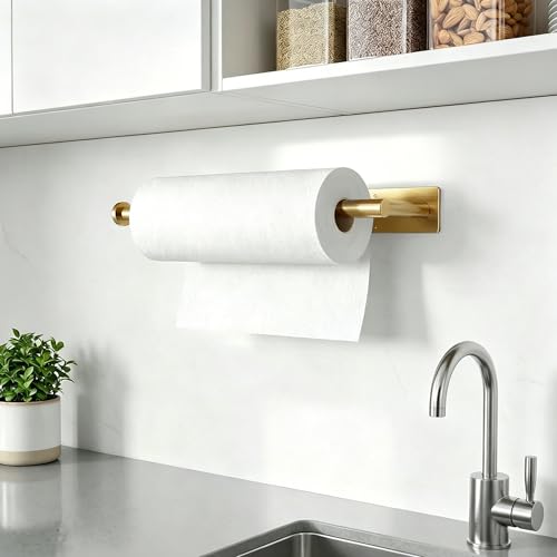 Gold Stainless Steel Under Cabinet Paper Towel Holder - Self-Adhesive Wall Mount Kitchen & Bathroom Organizer