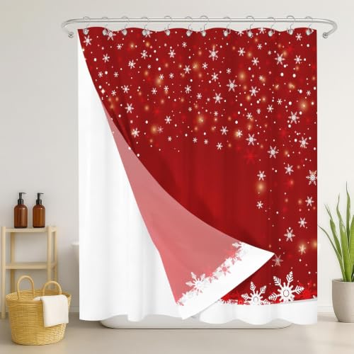 Red Christmas Snowflake Shower Curtain & Liner Set 72x72 Inch - Holiday Decor with Hooks