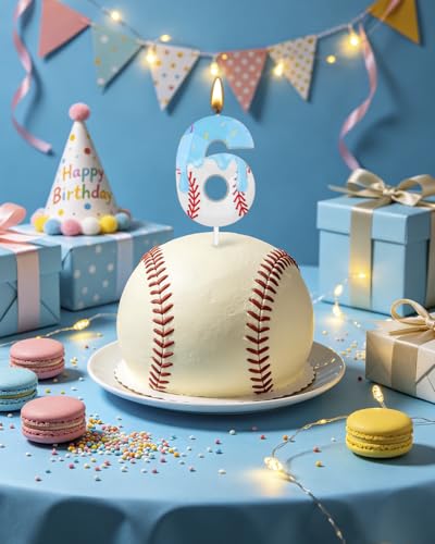 Blue Baseball Ice Cream Drip Birthday Candle - Number 6 Topper