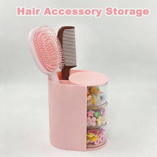 3-Tier Rotating Hair Accessories Organizer with Brush Holder - Pink