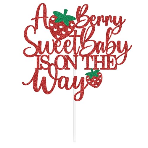A Berry Sweet Baby is on the Way Red Glitter Cake Topper for Parties
