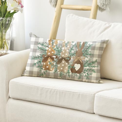 Easter Bunny Buffalo Plaid Throw Pillow Cover - 12x20 Inch Grey