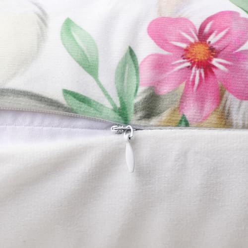 Bonhause Spring Easter Bunny Pillow Covers Set of 4 18x18 Inch Pink Floral Rabbit Velvet Decor
