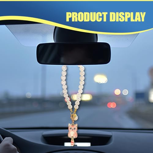 Deaelf Cute Cat Car Mirror Hanging Accessory with Pearl Chain Pink