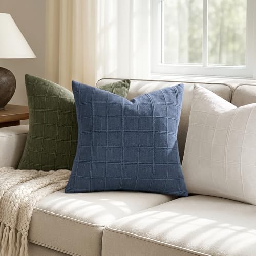 Set of 2 Blue Linen Plaid Throw Pillow Covers 18x18