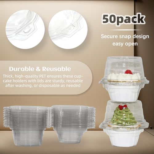 WIKDAY Individual Cupcake Containers, Clear Plastic - 50 Pack