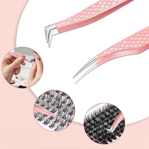 Yuomeaz Pink Eyelash Extension Tweezers Set, 2-Piece Zinc Alloy Precision Lash Tweezers for Classic and Volume Lashes