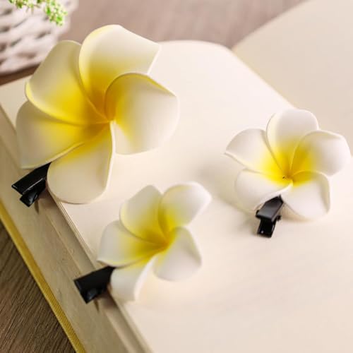 3-Pack Hawaiian Plumeria Flower Hair Clips Yellow White Frangipani