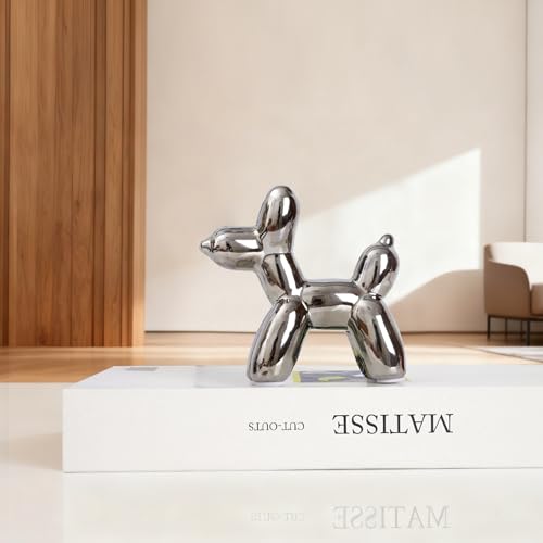Silvery Balloon Dog Ceramic Statue - Handmade Small Figurine