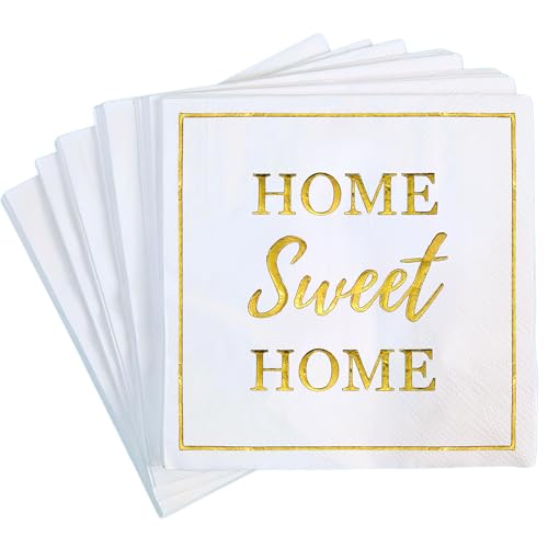 Housewarming Party Napkins 50 Pack - Elegant White & Gold Foil 'Home Sweet Home' Paper Napkins for Gifts & Events