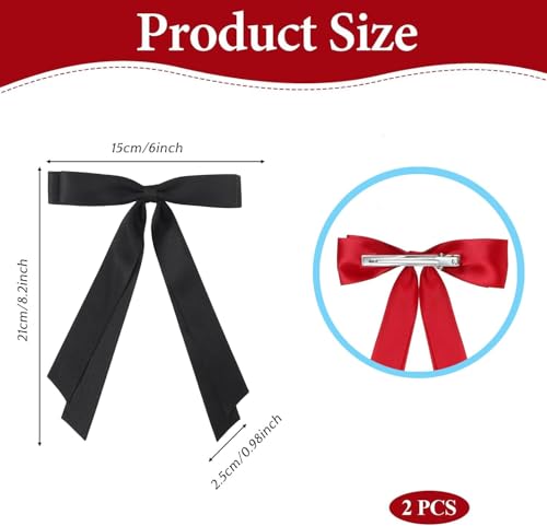 Black Satin Hair Bows for Women & Girls - 2PCS Elegant Ribbon Clips