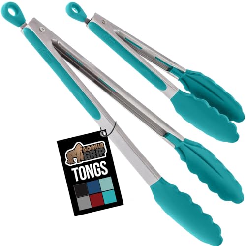 GORILLA GRIP Stainless Steel Kitchen Tongs, 9" & 12" Set, Turquoise