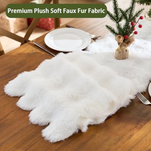 White Bubble Faux Fur Table Runner 13x36 Inch Scalloped Holiday Decor