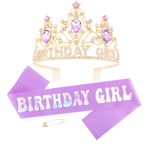Birthday Girl Crown and Sash Set - Purple Rhinestone Tiara & Glitter Sash