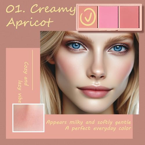 Kootinn 3-Color Matte Pink Blush Palette with Brush Long Lasting
