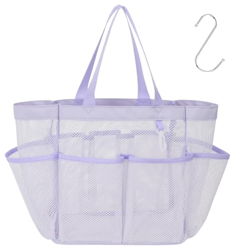Purple Mesh Shower Caddy - Large 8-Pocket Dorm Bag with S-Hook