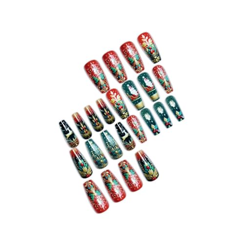 SEENEEY Red and Green Coffin Press on Nails with Gold Charms 24pcs