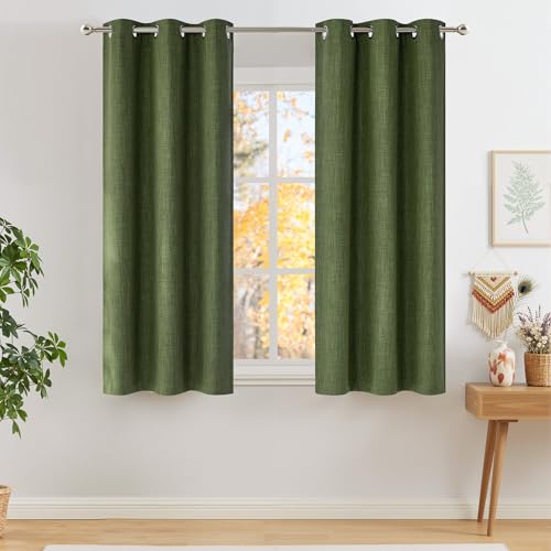 NICETOWN Faux Linen Blackout Curtains - Forest Green, 42"W x 63"L, Set of 2