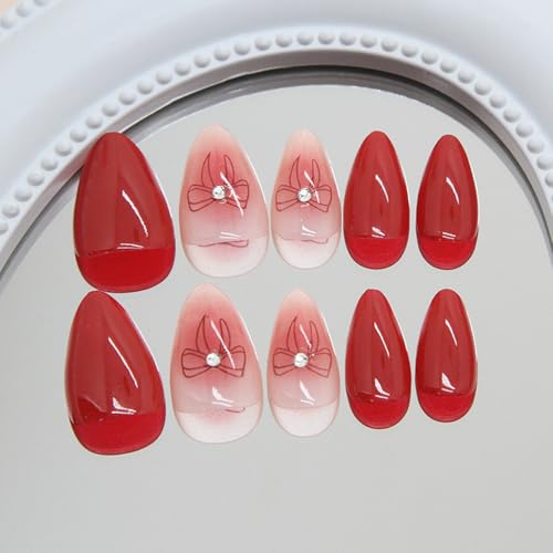 ZIFANHU Valentine Short Almond Press on Nails with Bow and Glitter