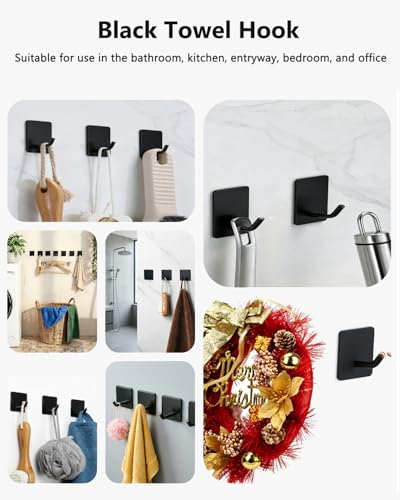 EDMILE Black Self Adhesive Towel Hooks - Heavy Duty Waterproof 4 Pack