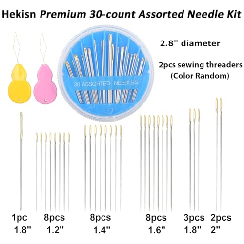 Hekisn 30-Piece Hand Sewing Needle Set - 6 Sizes, Gold-Plated