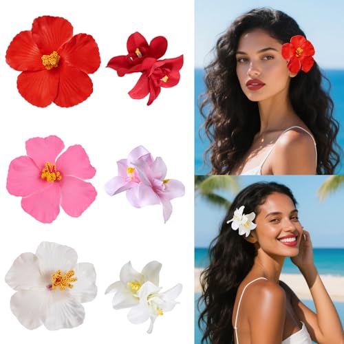 6 Pcs Hawaiian Flower Hair Clips 3.5 Inch Plumeria Hibiscus Barrettes