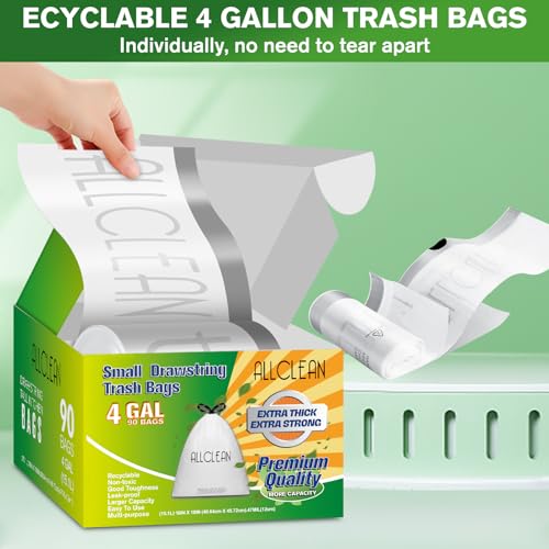 ALLCLEAN 4 Gallon Small Trash Bags, Drawstring Garbage Can Liners - White