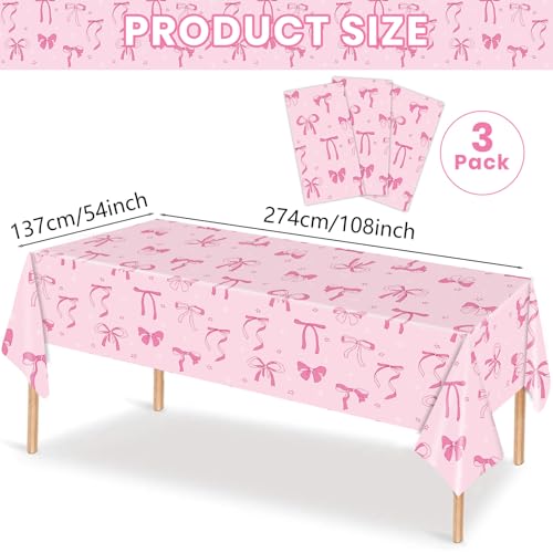3 Pack Pink Bow Tablecloths - Waterproof Disposable Covers for Parties