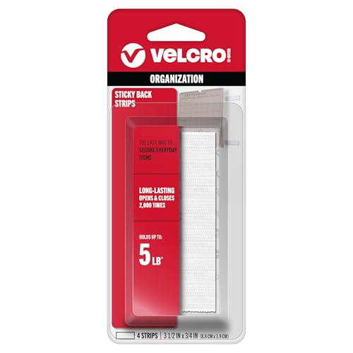 VELCRO Sticky Back Hook and Loop Fasteners - 3.5in x 0.75in, Pack of 4, White