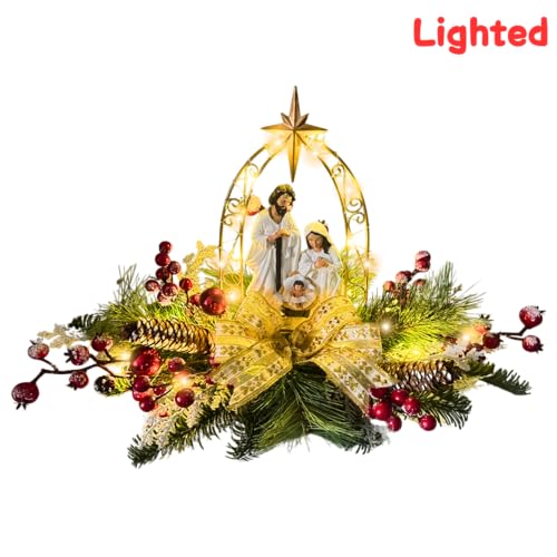 Lighted Nativity Scene Christmas Decor with Timer and Gold Bow, 20 Inches
