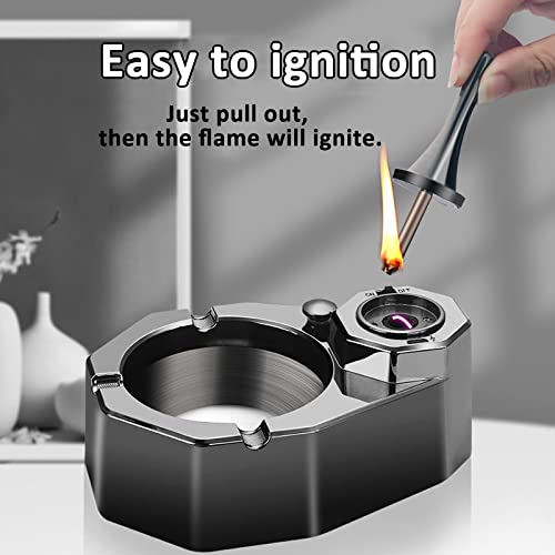 Black Stainless Steel Cigarette Ashtray with Refillable Match Lighter - Gift for Men