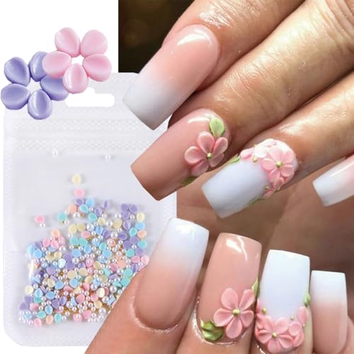 150Pcs 3D Floral Resin Nail Charms with Pearls and Rhinestones for Spring Summer Acrylic Nails