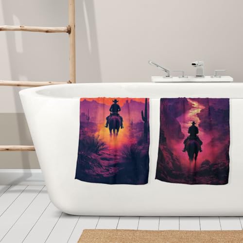 Wild West Hand Towels Set of 2, 28" x 14", Cowboy Cacti Design