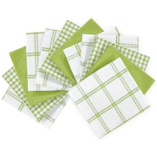 T-Fal 100% Cotton Waffle Dish Cloths - 12"x13" Absorbent Towels, Green (12-Pack)