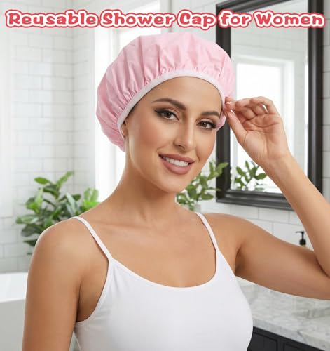 Waterproof Reusable Shower Caps for Women - 2 Pack Large Elastic Hair Cap