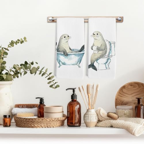 Seal Hand Towels Set - 16x24in Coastal Sea Animal Decorative Bath Towels