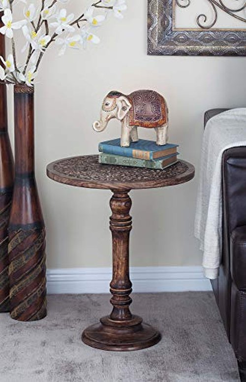 Deco 79 Mango Wood Floral Handmade Side End Accent Table Intricately Carved End Table with Turned Base, Side Table 17" x 17" x 21", Dark Brown
