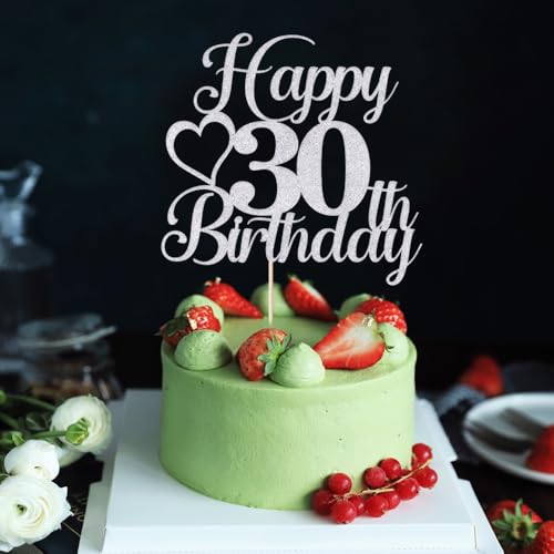 Silver Glitter Happy 30th Birthday Cake Topper Cheers to 30 Years Old Decoration