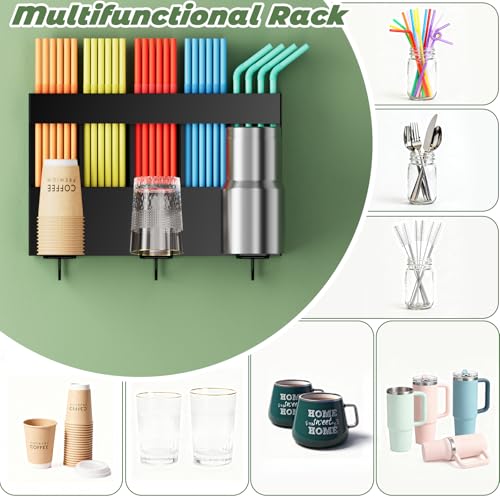 Magnetic Metal Straw Holder with Adhesive Hooks - Black