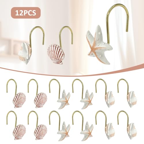 Gold Seashell Shower Curtain Hooks - 12 Pack Rust-Proof Decor