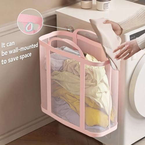 Pink Collapsible Laundry Caddy 11 Gallon Mesh Tote Foldable Clothes Storage Basket