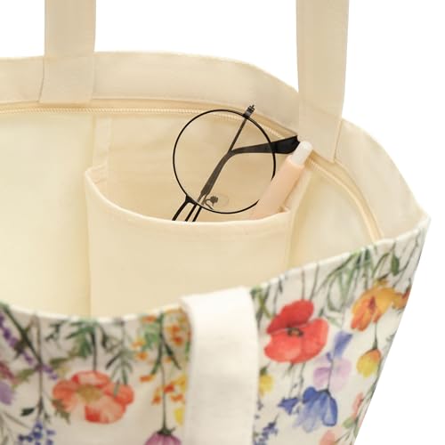 Qirrmiy Canvas Tote Bag for Women with Zipper Pocket - Floral & Cat Design