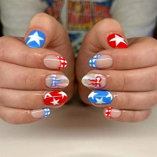 Sutaozhi 4th of July Press on Nails Medium Almond French Tip False Nails